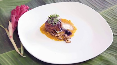Filete de cerdo con salsa de raspadura, puré de zapallo con polvo de yuca y semillas tostadas