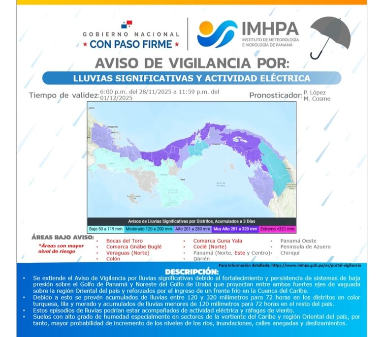 Emiten aviso de vigilancia por lluvias significativas y actividad eléctrica en varias regiones del país