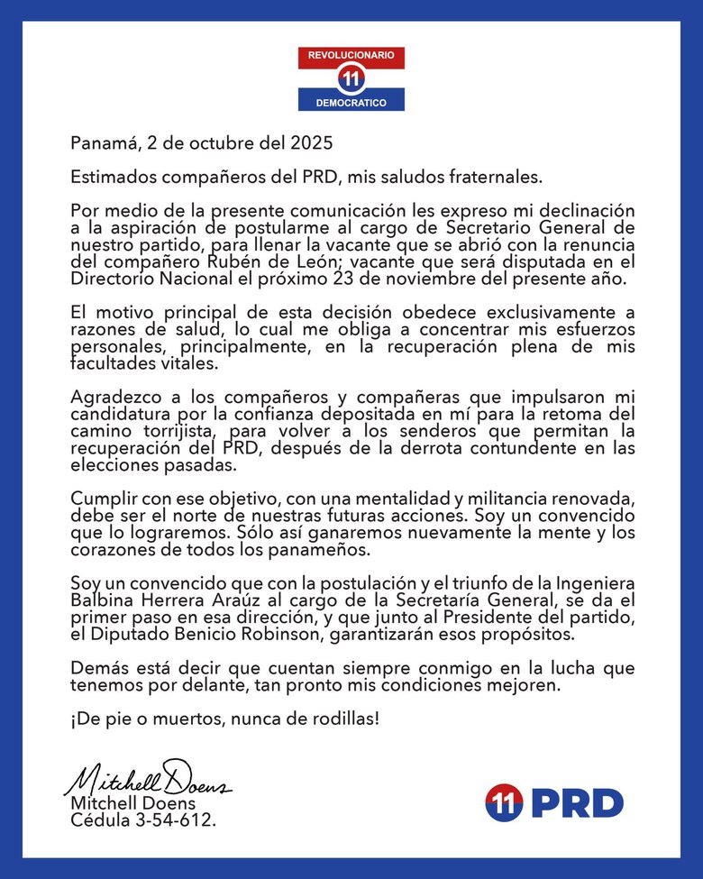 Balbina Herrera vuelve al ruedo y Bernardo Meneses se postula al CEN del PRD desde la cárcel de Tinajitas