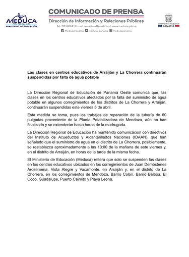 50% de avance en reparación de tubería; clases seguirán suspendidas en La Chorrera y Arraiján