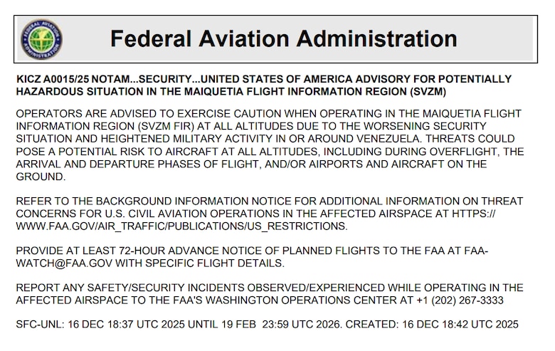 Estados Unidos emite nueva alerta y reitera a las aerolíneas el peligro de volar a Venezuela