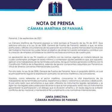 Proyecto sobre salarios en puertos crearía un conflicto con las normas laborales vigentes, advierte la Cámara Marítima de Panamá