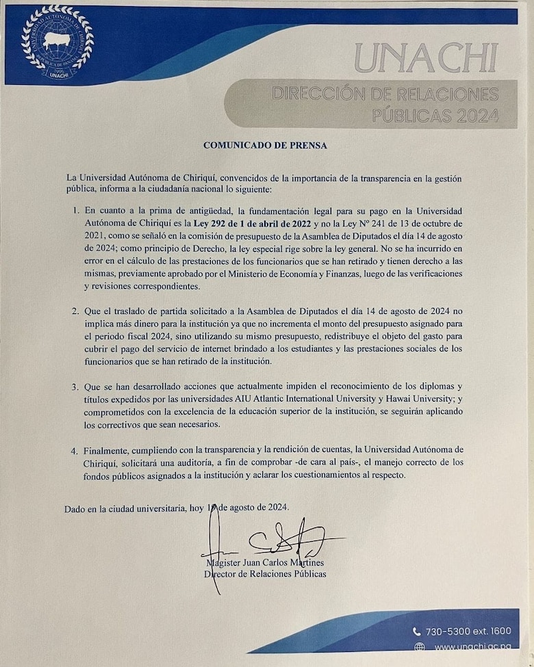 Unachi justifica pago de bonificaciones y anuncia que pedirá auditoría