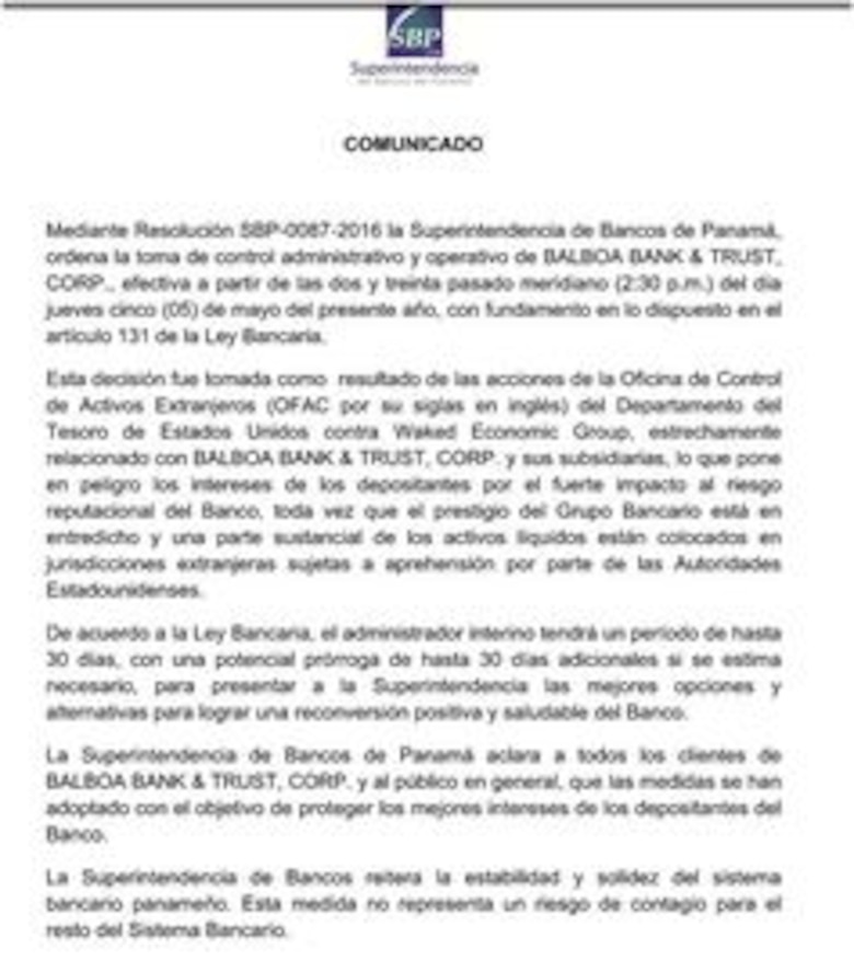 Superintendencias de Bancos y de Valores toman el control de Balboa Bank