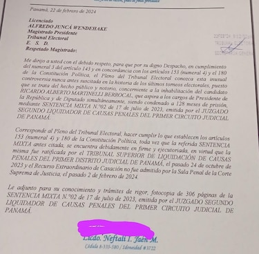 Abogados entregaron al Tribunal Electoral la sentencia que condenó a Martinelli por blanqueo