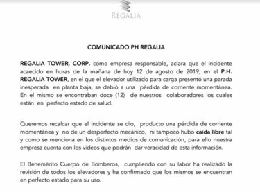 Falta de corriente eléctrica provoca parada brusca en elevador en Costa del Este