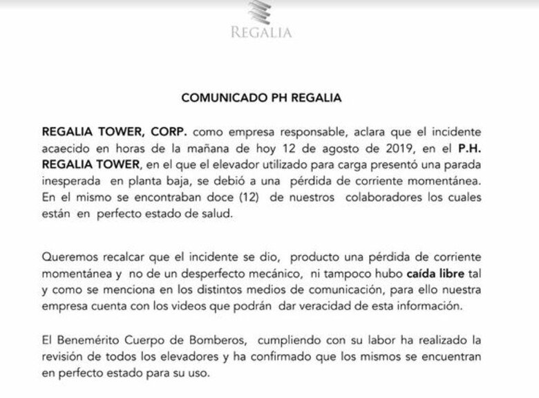 Falta de corriente eléctrica provoca parada brusca en elevador en Costa del Este