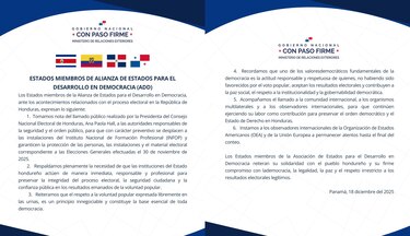 Panamá reitera llamado a respetar la voluntad popular en elecciones hondureñas