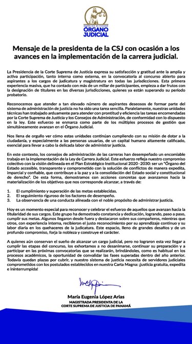 Mensaje de la presidenta de la CSJ con ocasión a los avances en la implementación de la carrera judicial