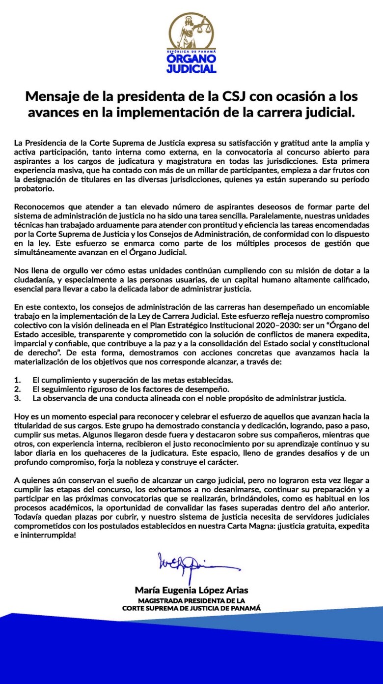 Mensaje de la presidenta de la CSJ con ocasión a los avances en la implementación de la carrera judicial