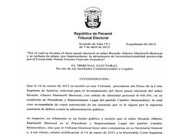 Tribunal Electoral levanta fuero electoral a expresidente Ricardo Martinelli
