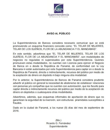 Alerta de la Superintendencia de Bancos de Panamá: 'Absténganse de contactar a personas o compañías de El Telar de los Sueños y la Flor de la Abundancia'