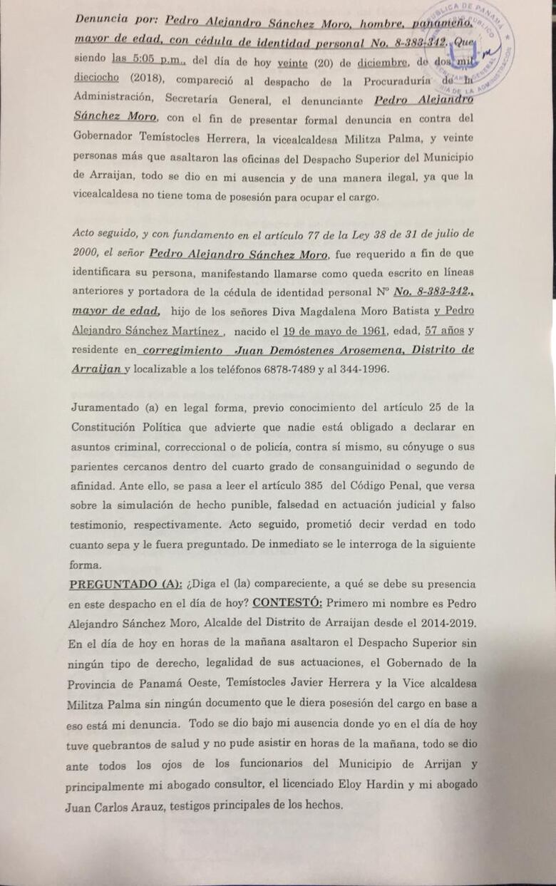 Vicealcaldesa de Arraiján asume control de municipio; alcalde Pedro Sánchez Moro es suspendido