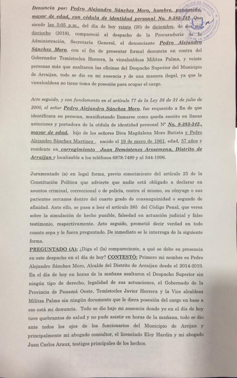 Vicealcaldesa de Arraiján asume control de municipio; alcalde Pedro Sánchez Moro es suspendido