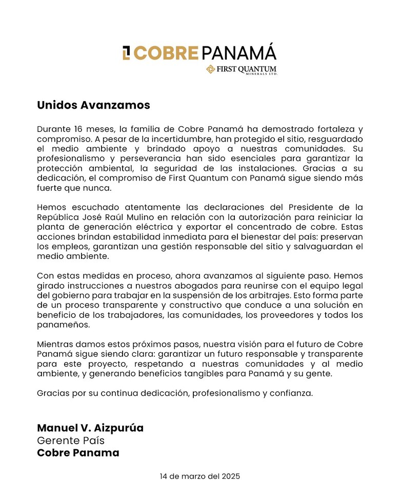 Cobre Panamá instruye a sus abogados a reunirse con el Gobierno para suspender los arbitrajes