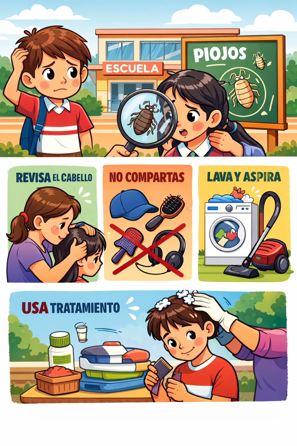 Los casos de piojos aumentan en el regreso a clases. Imagen generada por IA (Chatgpt).