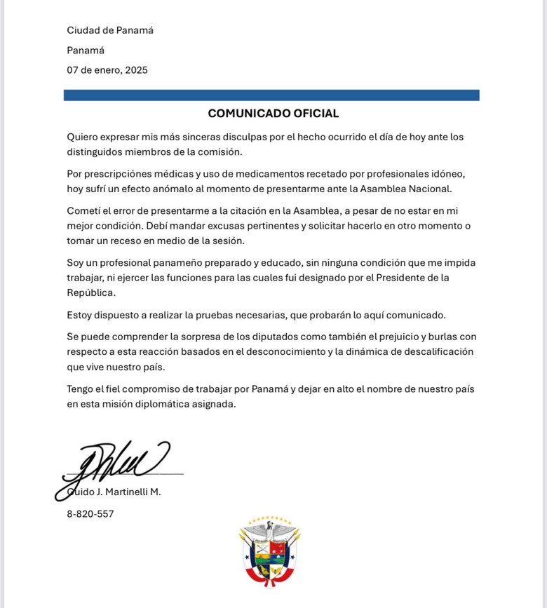 Embajador Guido Martinelli atribuye actuación errática en la Asamblea a efecto de los medicamentos