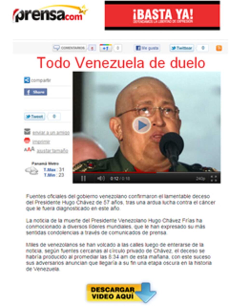 'Prensa.com' niega autoría en noticia sobre muerte de Hugo Chávez