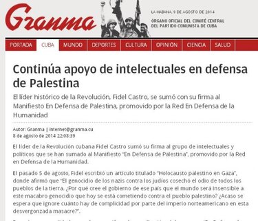 Fidel Castro suscribe manifiesto internacional 'En Defensa de Palestina'