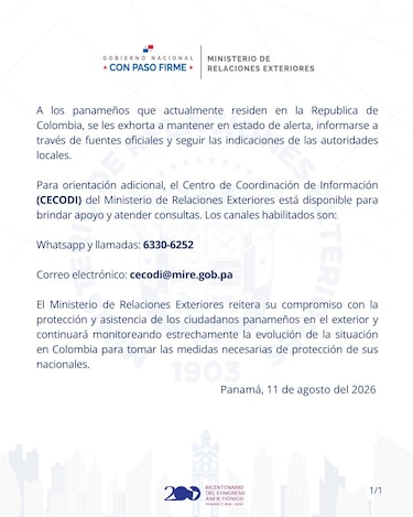 Panamá emite alerta para nacionales residentes en Colombia