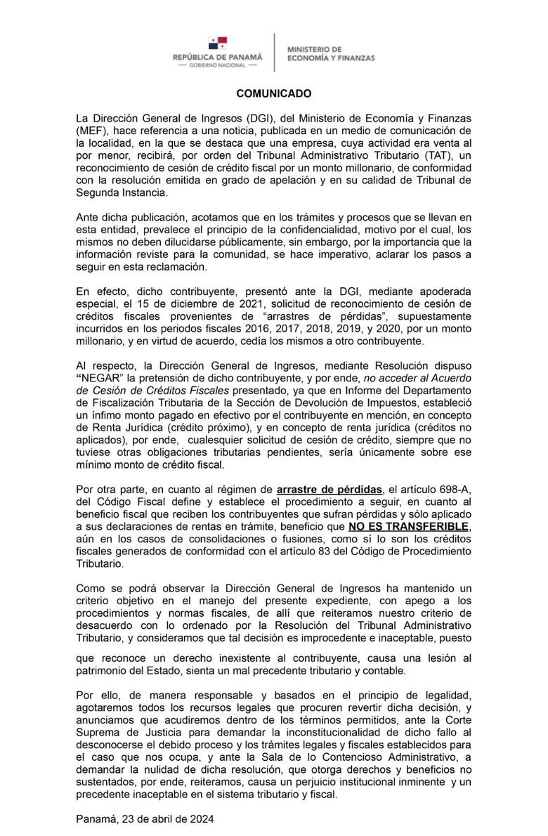 El crédito fiscal de Justo y Bueno es ‘improcedente’, ‘inexistente’ y causa una lesión patrimonial al Estado: DGI