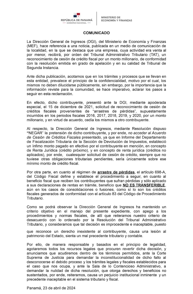 El crédito fiscal de Justo y Bueno es ‘improcedente’, ‘inexistente’ y causa una lesión patrimonial al Estado: DGI