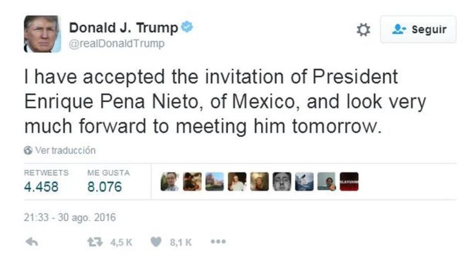 Trump visitará México este miércoles para hablar con el presidente Enrique Peña Nieto
