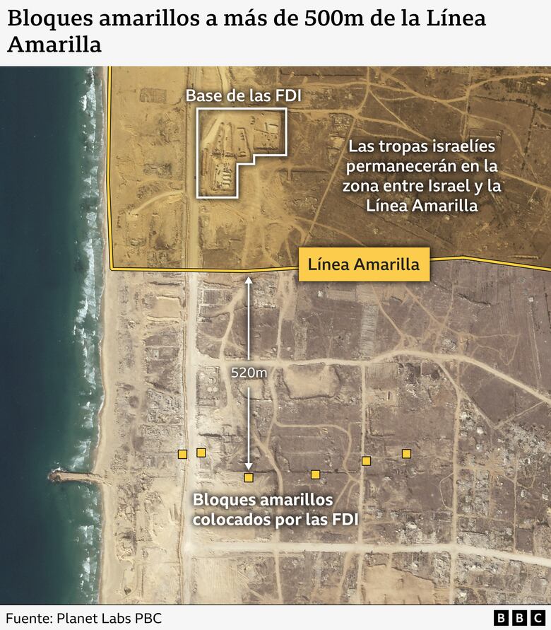 La investigación que muestra cómo Israel controla en Gaza territorio más allá de la línea amarilla, el límite acordado en el cese el fuego