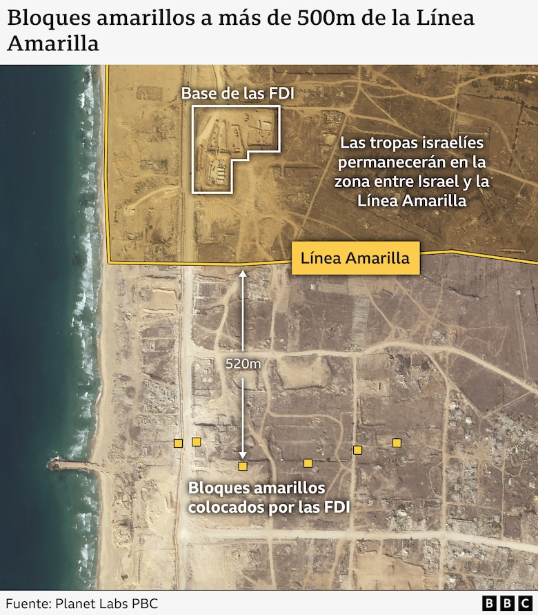 La investigación que muestra cómo Israel controla en Gaza territorio más allá de la línea amarilla, el límite acordado en el cese el fuego