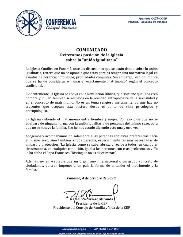 Iglesia católica reitera su posición sobre la ‘unión igualitaria’