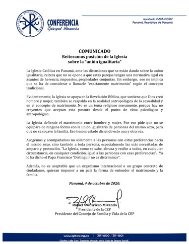 Iglesia católica reitera su posición sobre la ‘unión igualitaria’