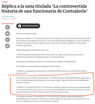 Odila Castillo era funcionaria de la Contraloría mientras su bufete solicitaba los equilibrios para sus clientes