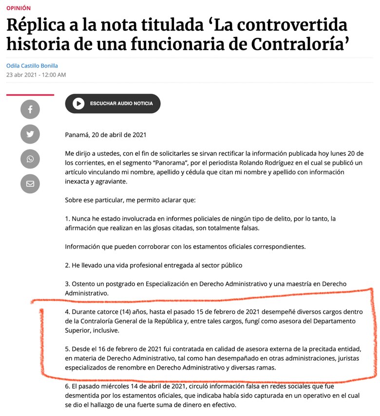 Odila Castillo era funcionaria de la Contraloría mientras su bufete solicitaba los equilibrios para sus clientes