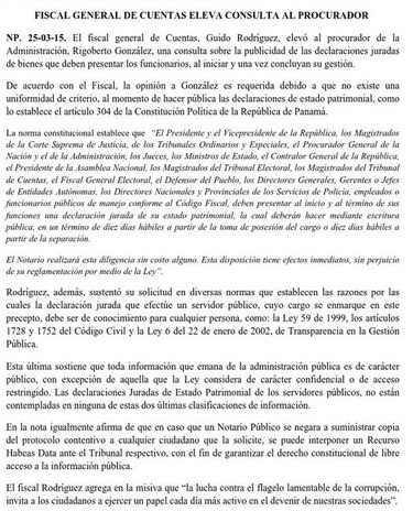 Fiscal de cuentas solicita aclarar publicación de declaraciones patrimoniales de funcionarios