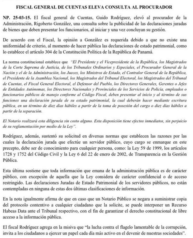 Fiscal de cuentas solicita aclarar publicación de declaraciones patrimoniales de funcionarios