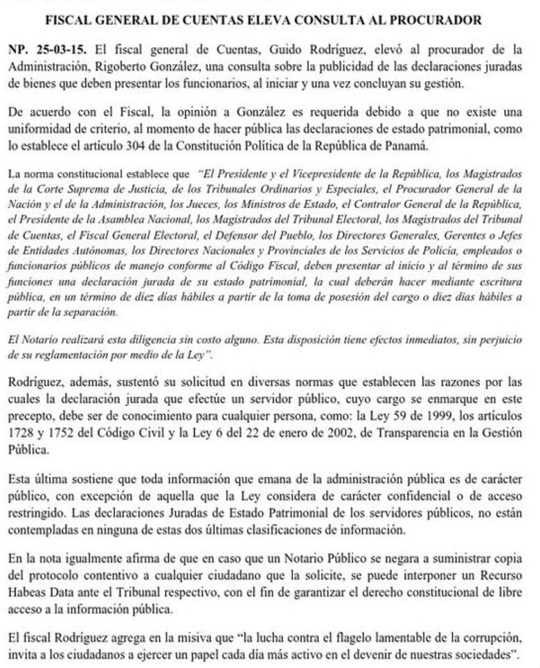 Fiscal de cuentas solicita aclarar publicación de declaraciones patrimoniales de funcionarios