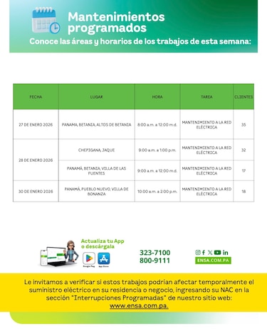 ENSA informa los mantenimientos programados del 27 al 30 de enero de 2026