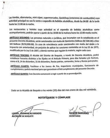 Alcalde establece nuevo horario para la venta de bebidas alcohólicas en Boquete