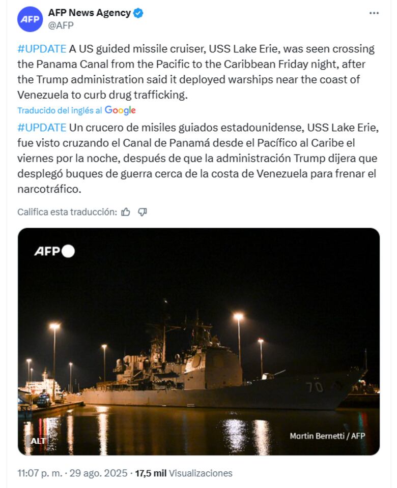 Estados Unidos movilizó el buque portamisiles Lake Erie por el Canal de Panamá rumbo al Caribe, cerca de Venezuela