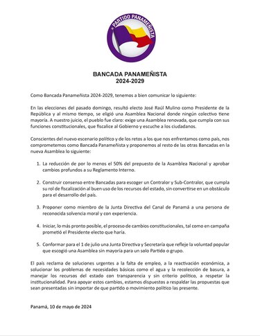 La nueva bancada Panameñista propone un consenso para que la Asamblea fiscalice al Gobierno y escoger al próximo contralor