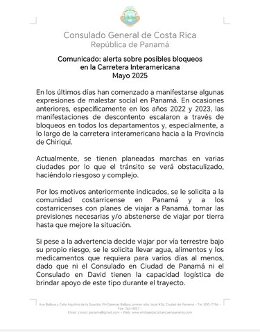 Costa Rica advierte a sus ciudadanos que no viajen por tierra en Panamá, ante posibles bloqueos de vías