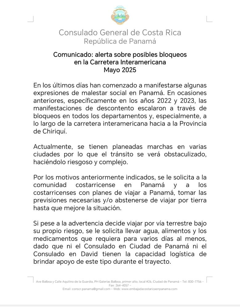 Costa Rica advierte a sus ciudadanos que no viajen por tierra en Panamá, ante posibles bloqueos de vías