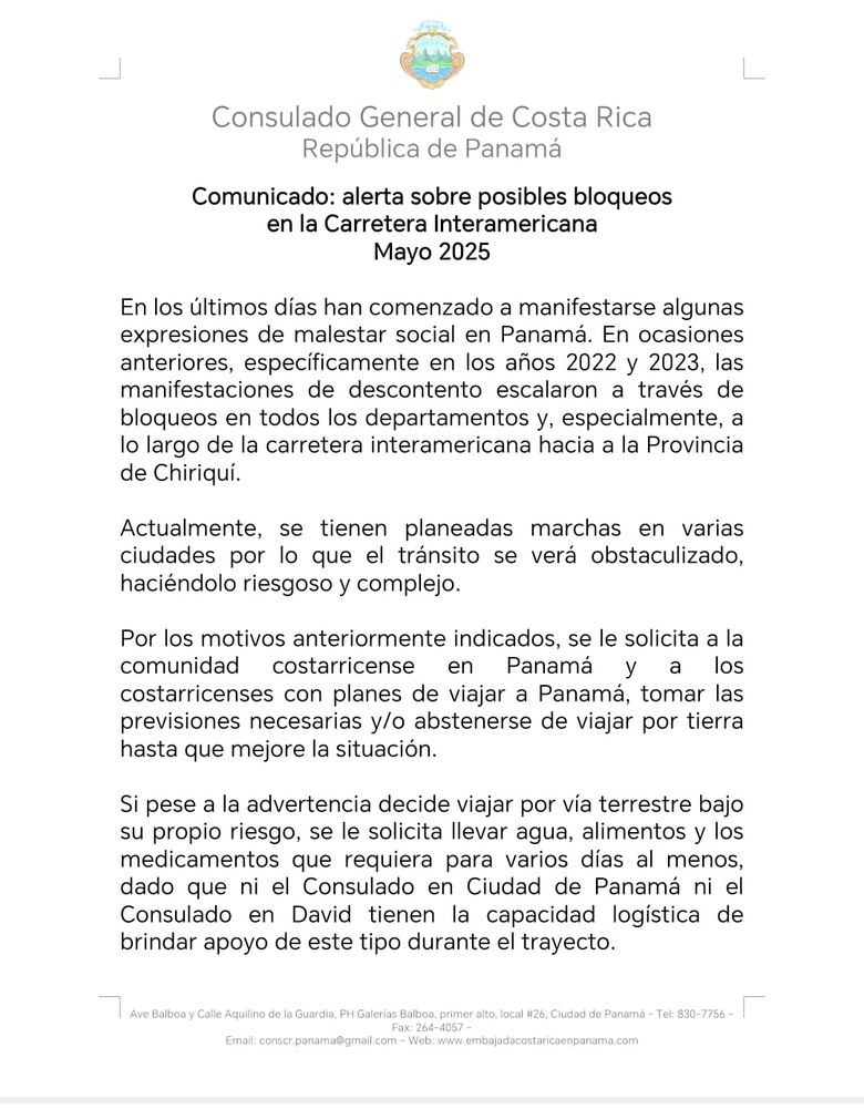 Costa Rica advierte a sus ciudadanos que no viajen por tierra en Panamá, ante posibles bloqueos de vías