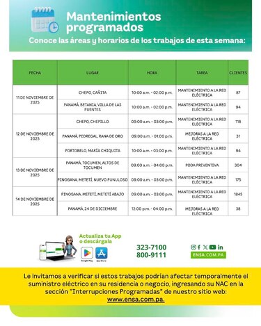 ENSA informa los mantenimientos programados del 11 al 16 de noviembre de 2025