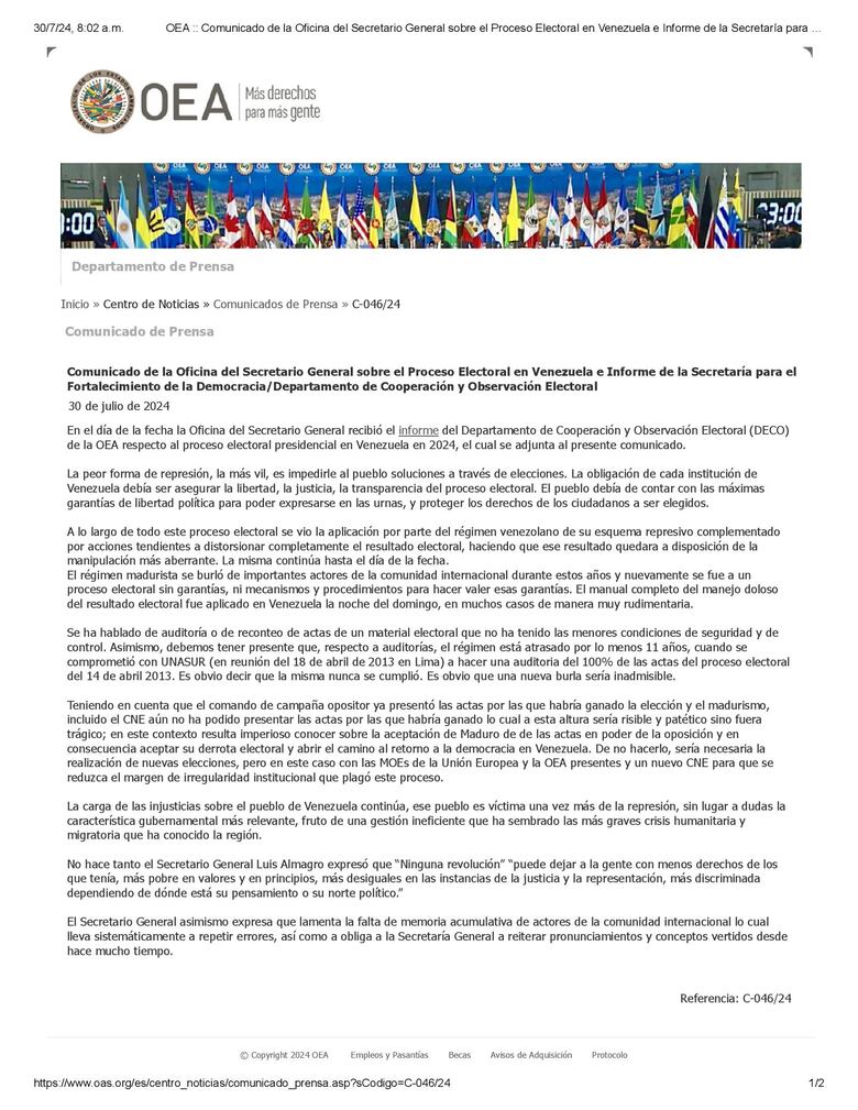 La OEA exige a Maduro reconocer ‘derrota electoral y abrir el camino al retorno a la democracia en Venezuela’