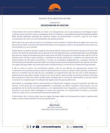 Moca confirma la visita de Lombana a Martinelli, pero niega una alianza