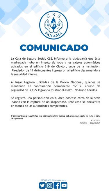 Frustran intento de robo en edificio de la CSS en Clayton; capturan a un sospechoso