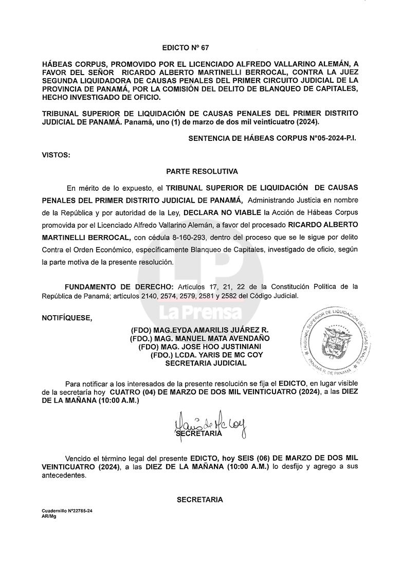 El Tribunal Superior le niega dos hábeas corpus a Martinelli