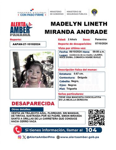 Activan Alerta Amber por desaparición de niña de 2 años en la comarca Ngäbe Buglé