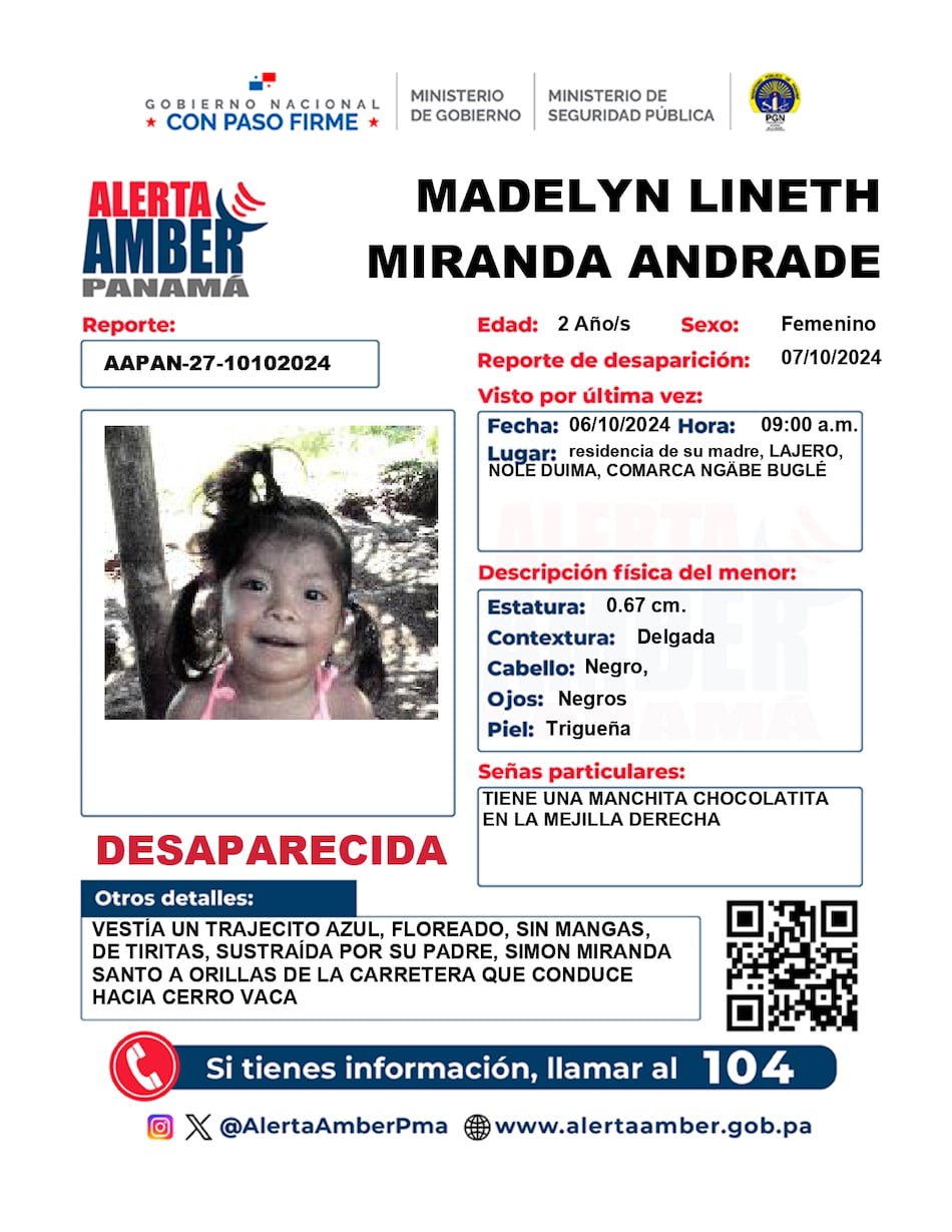 Activan Alerta Amber por desaparición de niña de 2 años en la comarca Ngäbe Buglé